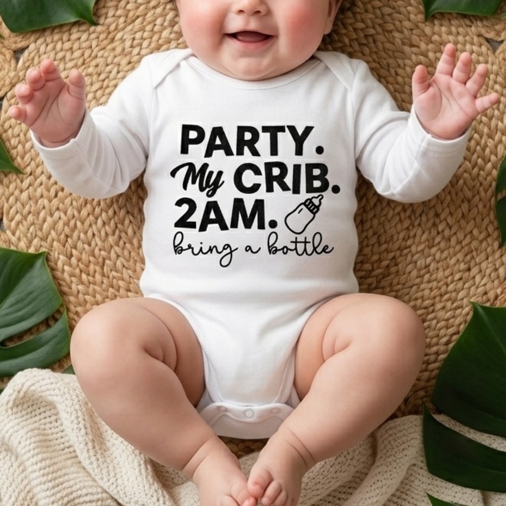 NWT “"Party. My Crib. 2am. Bring a Bottle" Baby Onesie - White - Size 12-18m